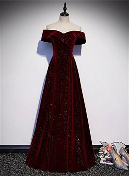 Picture of Off Shoulder Wine Red Color Velvet Long Party Dresses, A-line Wine Red Color Evening Dresses